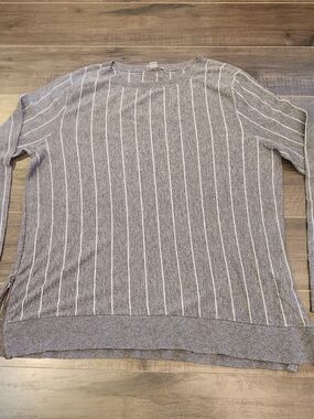 Halogen Gray and White Vertical Stripe Crewneck Sweater